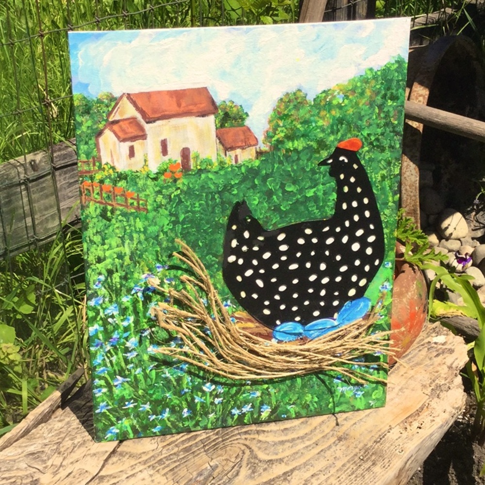 Artwork original mixed media folkart chicken hen farmer’s market barn farmhouse